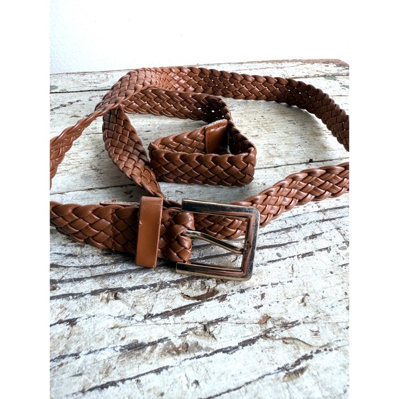 Cognac Brown Braided Woven Belt Square Buckle Faux Leather Adjustable - Picture 3 of 7